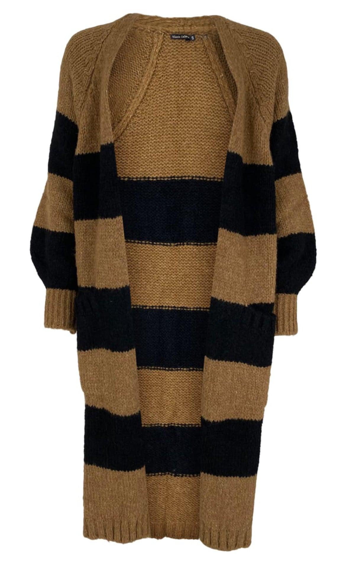 Black Colour Cardigan - Fabiola Long Knit - Camel/black