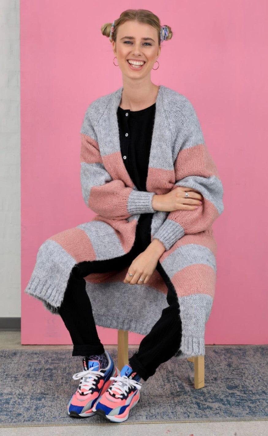 Black Colour Cardigan - Fabiola Long Knit - Grey/rose