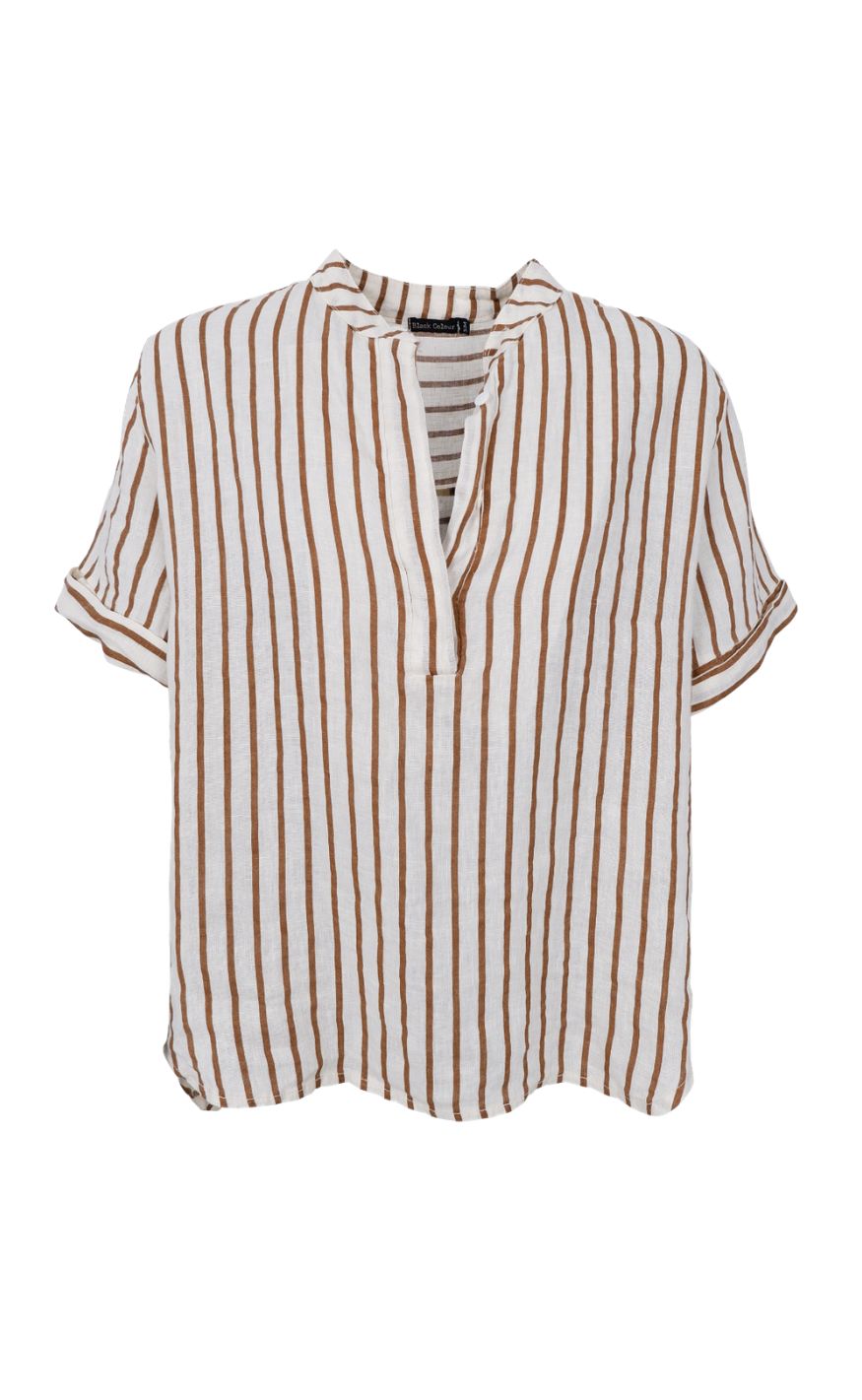 Black Colour Skjorte - Melina Ss Linen - Camel Stripe