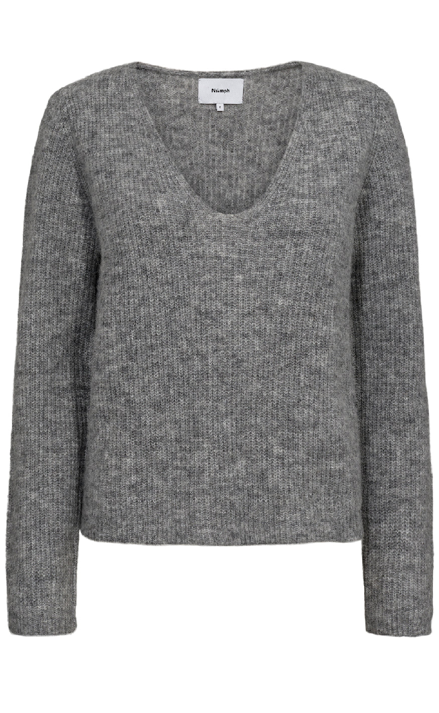Nümph Pullover - Riette Rib V-neck - Medium Grey Mel