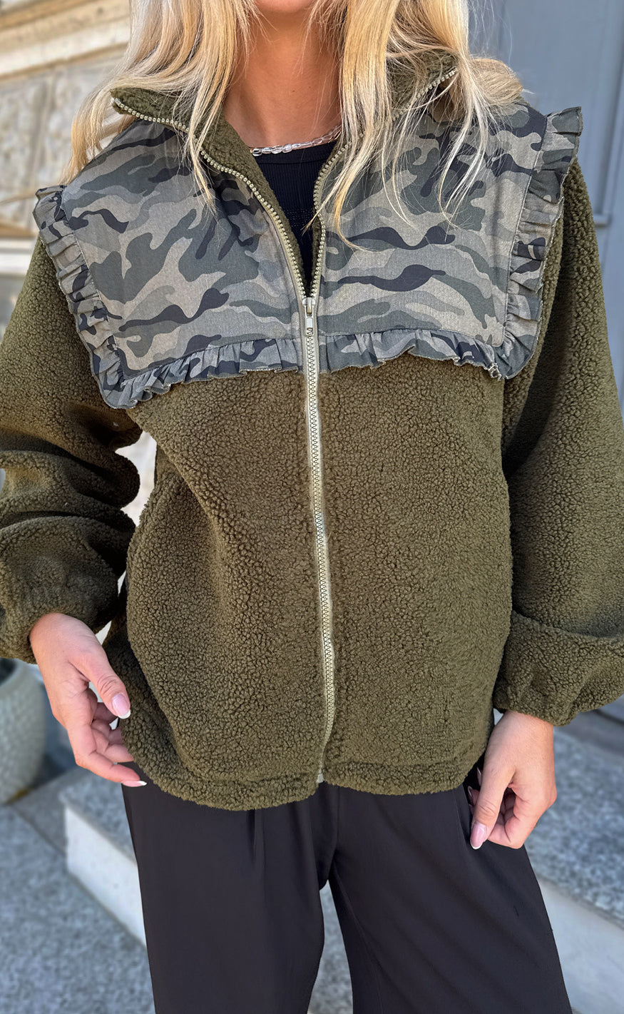 Say Ina Copenhagen Fleece Jakke - Fia - Army Green W. Camouflage