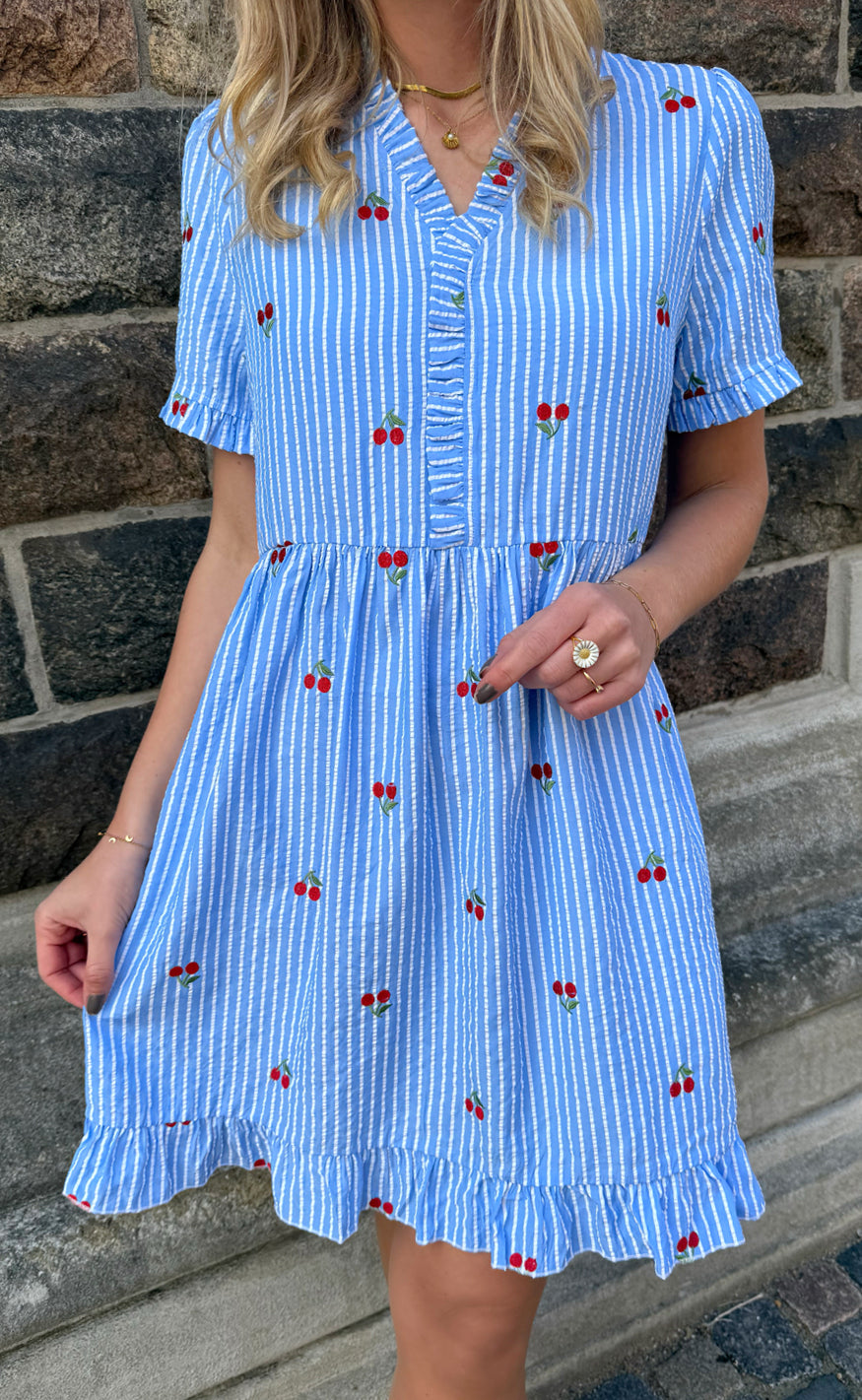 Say Ina Copenhagen Kjole - Catja Summer - Blue Striped W. Cherries