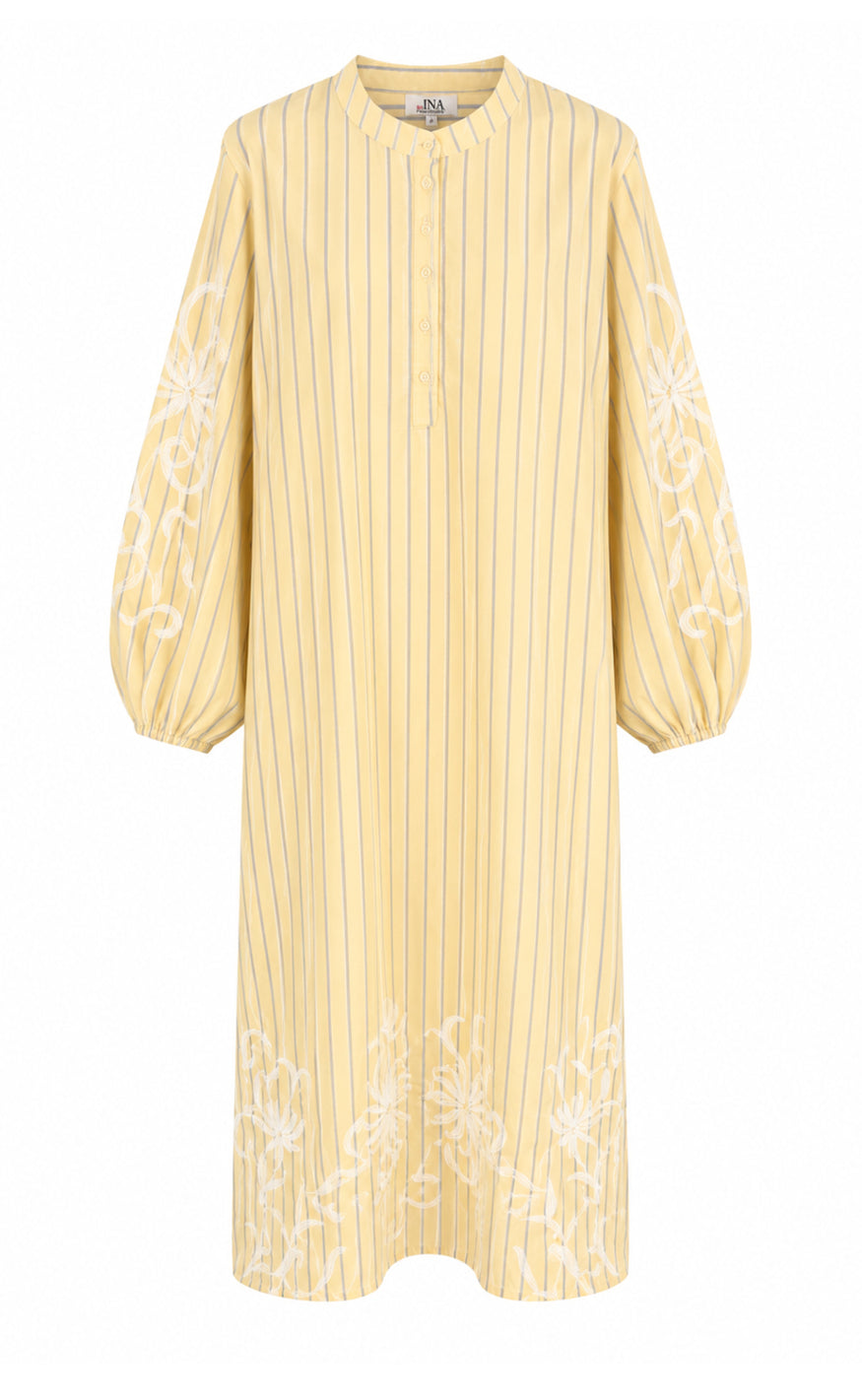 Say Ina Copenhagen Kjole - Tilde Long - Yellow Striped W. Embroidery