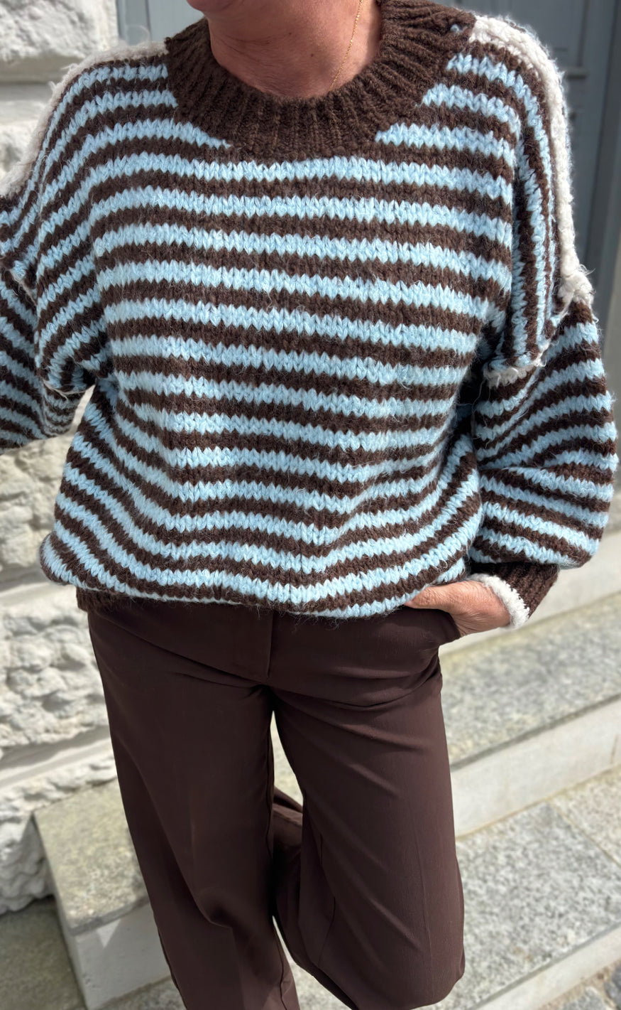 Say Ina Copenhagen Strik - Sanna - Blue / Brown Striped W. White Details