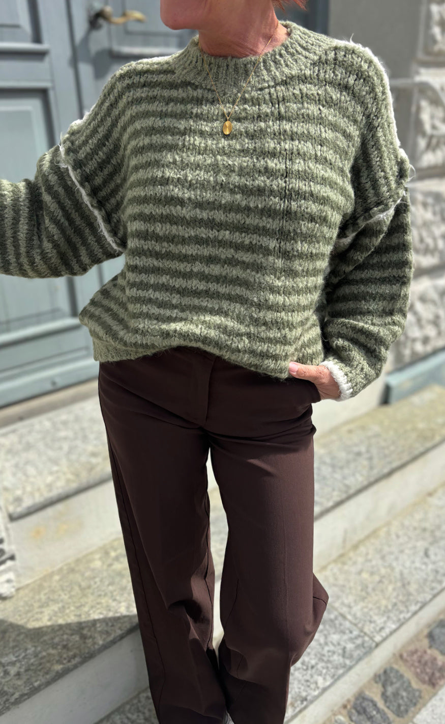 Say Ina Copenhagen Strik - Sanna - Green Striped W. Beige Details