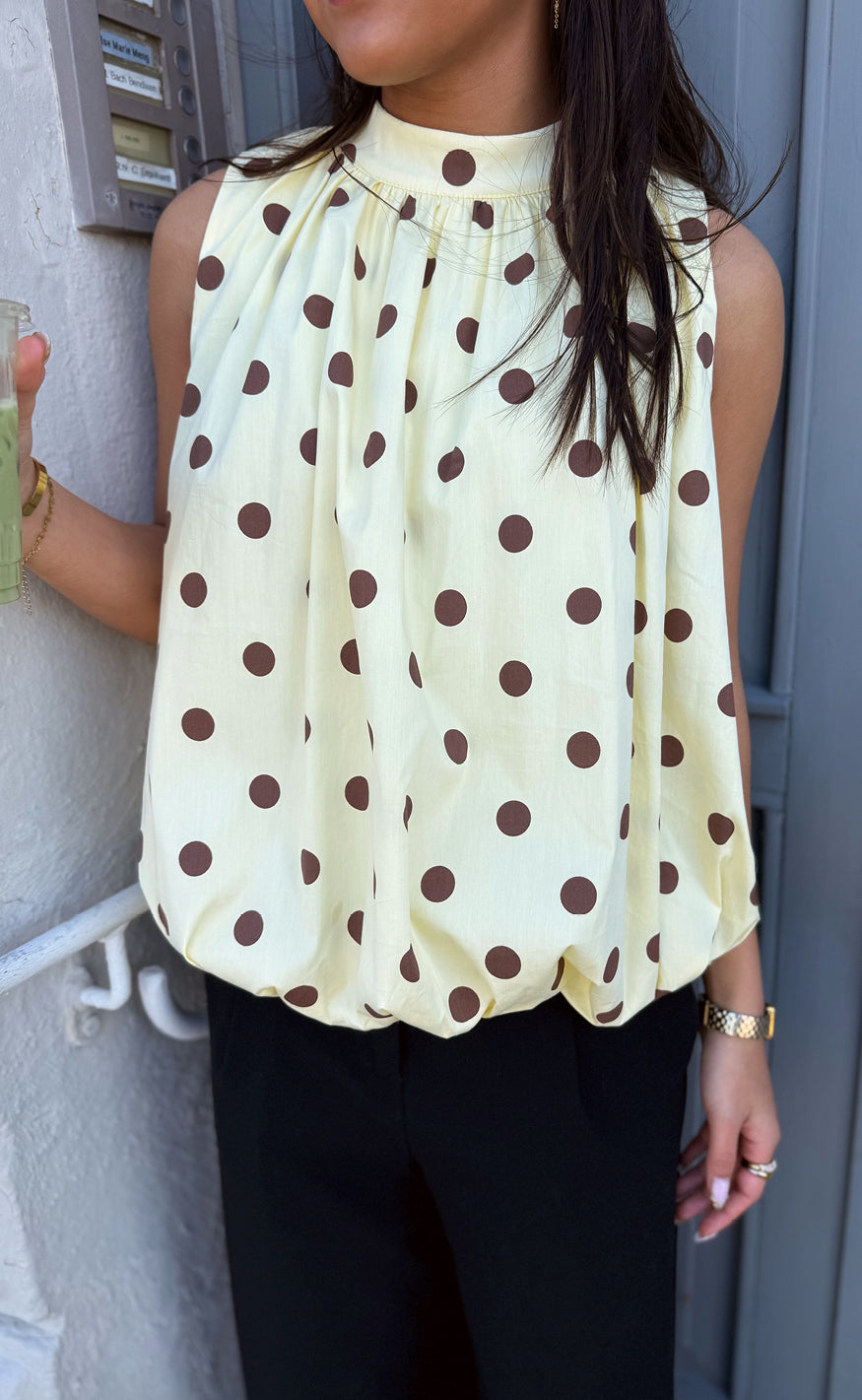 Say Ina Copenhagen Top - Diana Dot - Yellow W. Brown Dots