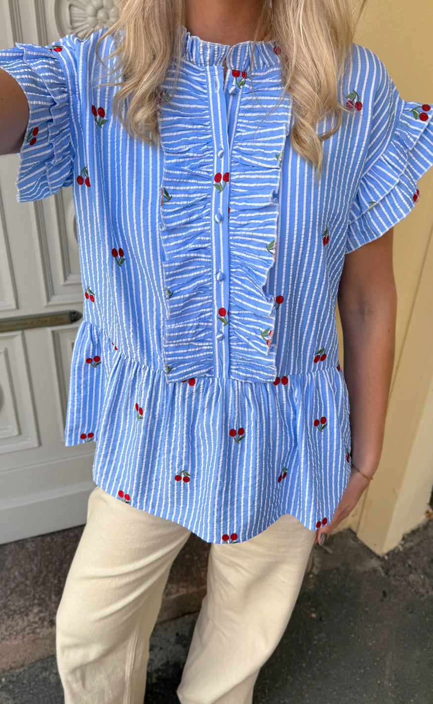 Say Ina Copenhagen Top - Freya - Blue Striped W. Cherries
