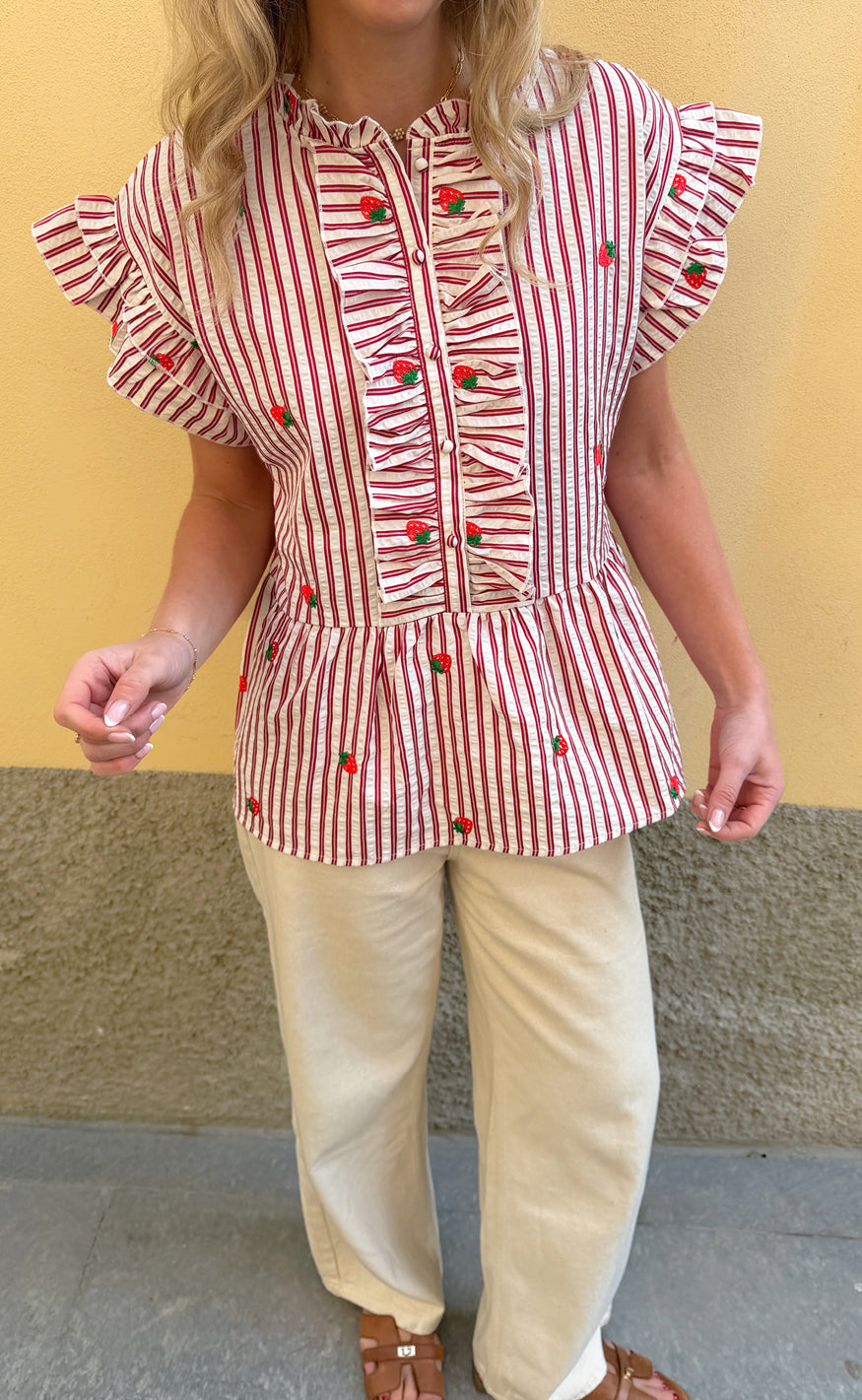 Say Ina Copenhagen Top - Freya - Red Striped W. Red Strawberries
