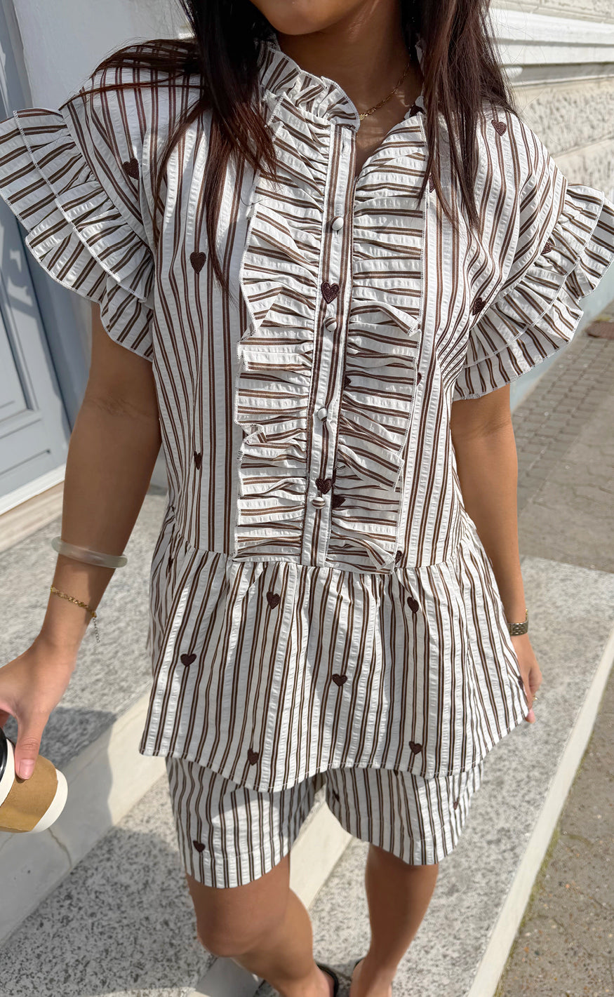 Say Ina Copenhagen Top - Freya - White / Brown Striped W. Brown Hearts